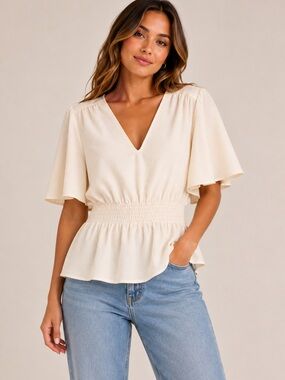 Bar III Cream V-Neck Smocked Peplum Blouse